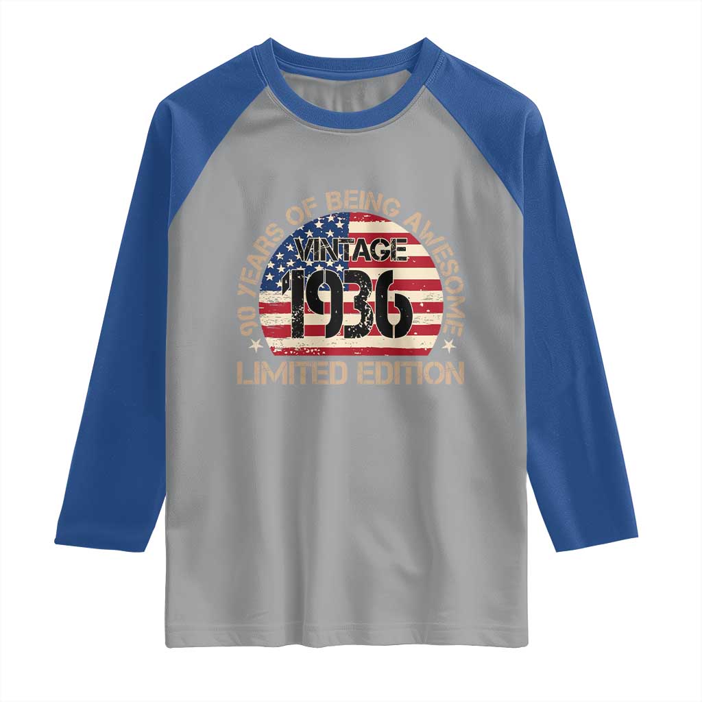 90th Birthday Raglan Shirt Vintage 1936 90 Year Old Birthday USA Flag