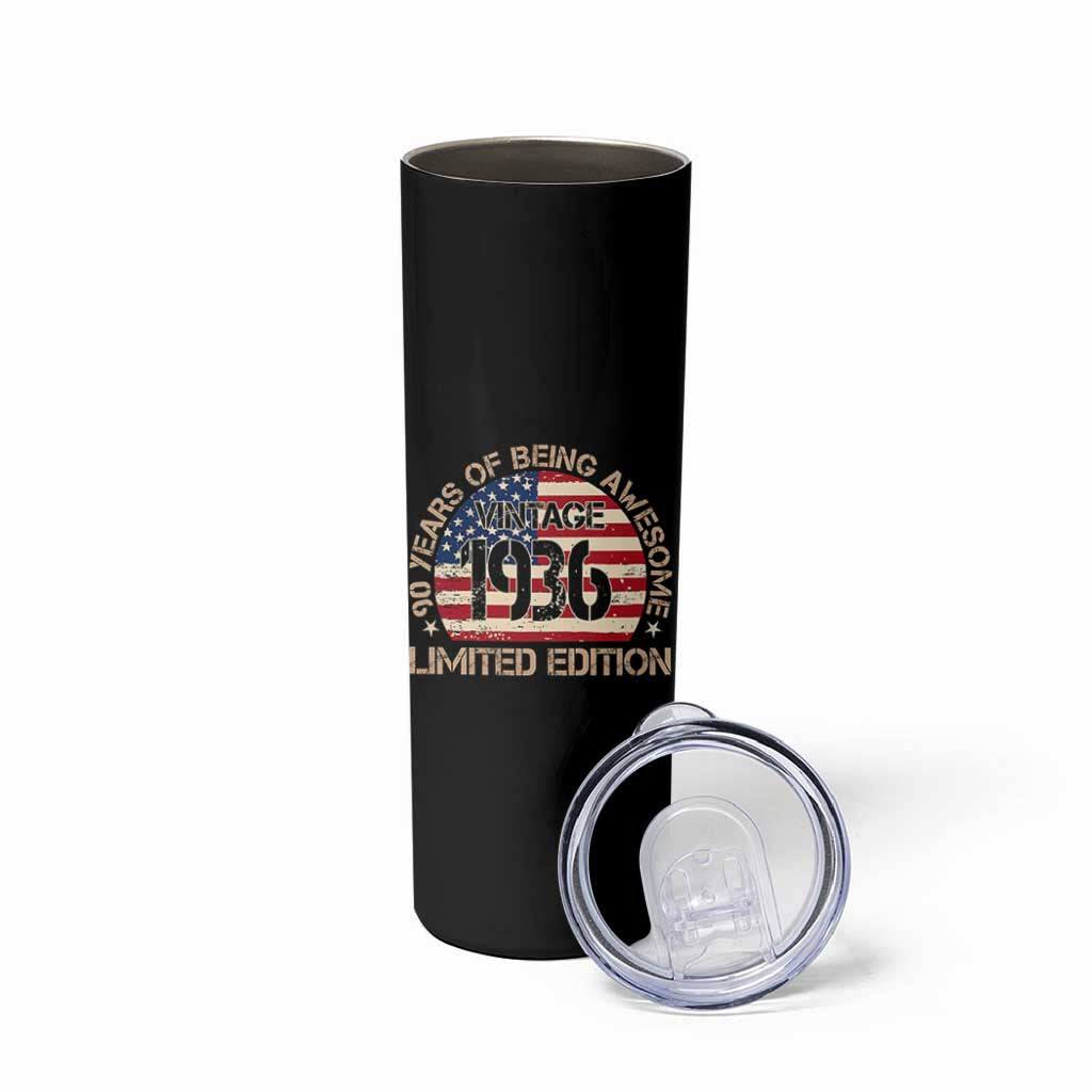 90th Birthday Skinny Tumbler Vintage 1936 90 Year Old Birthday USA Flag