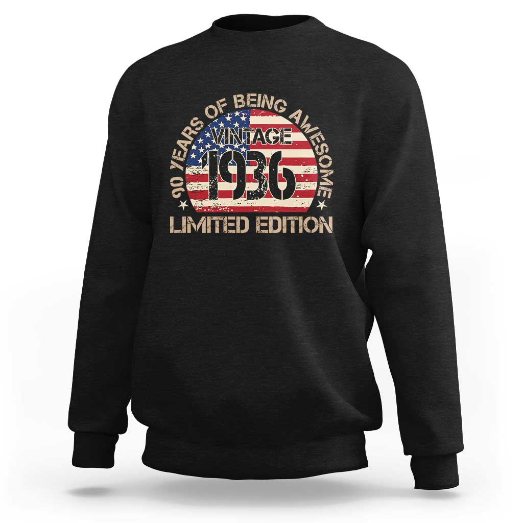 90th Birthday Sweatshirt Vintage 1936 90 Year Old Birthday USA Flag