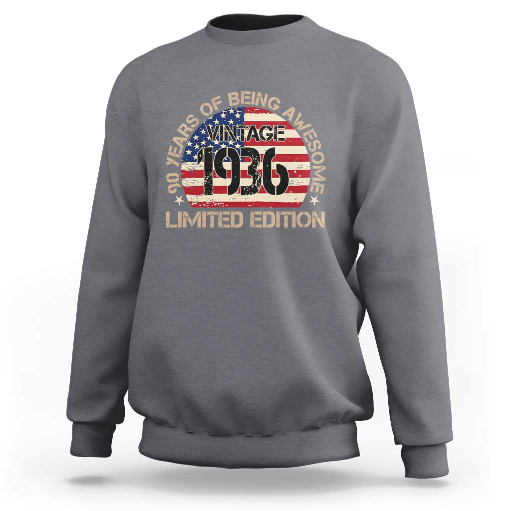 90th Birthday Sweatshirt Vintage 1936 90 Year Old Birthday USA Flag