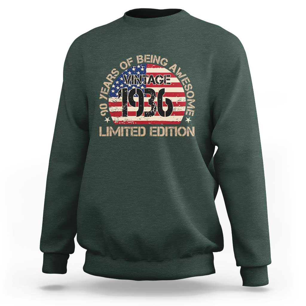 90th Birthday Sweatshirt Vintage 1936 90 Year Old Birthday USA Flag