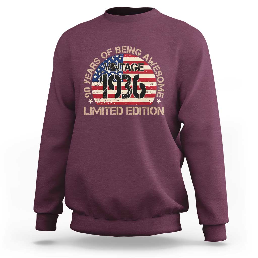 90th Birthday Sweatshirt Vintage 1936 90 Year Old Birthday USA Flag