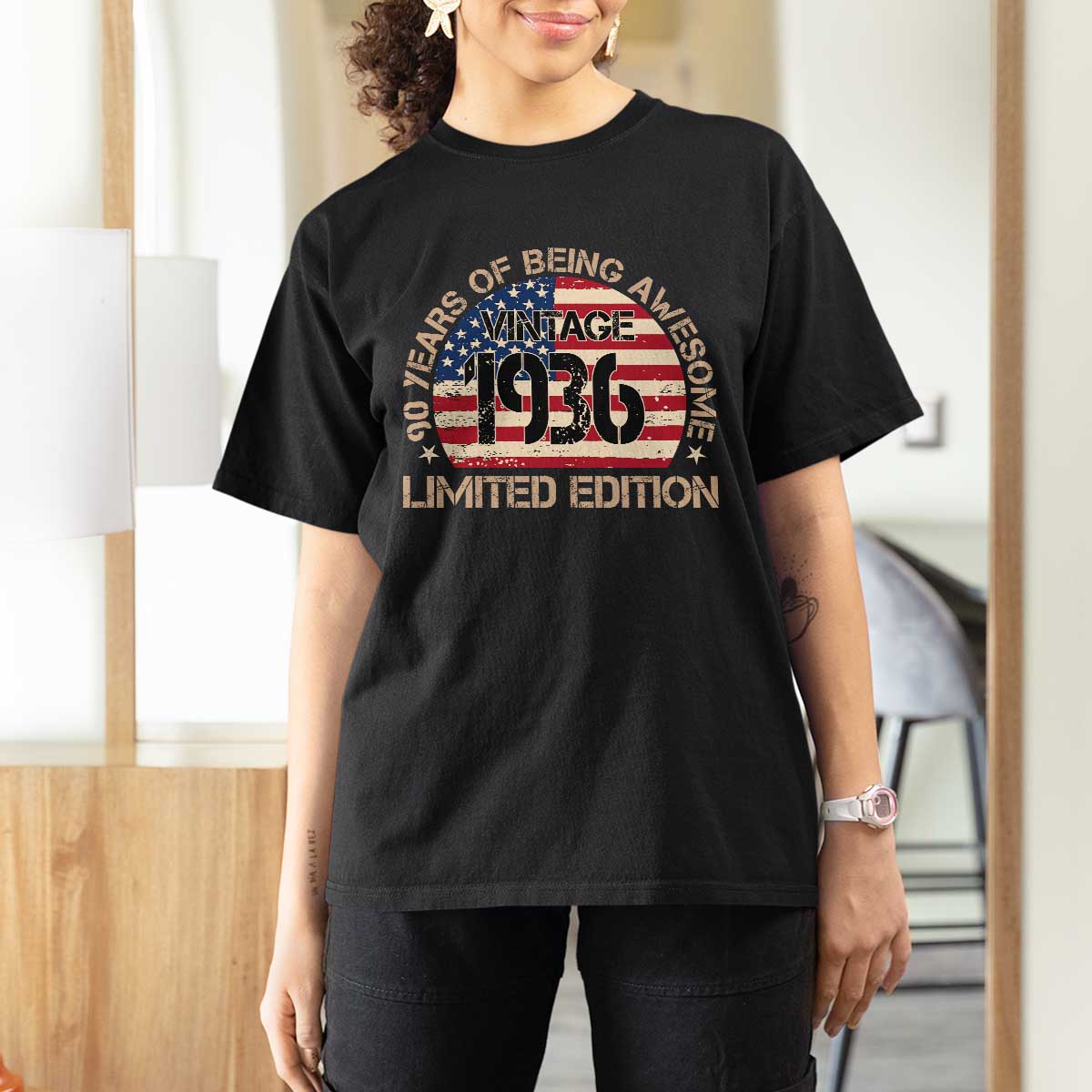 90th Birthday T Shirt For Women Vintage 1936 90 Year Old Birthday USA Flag