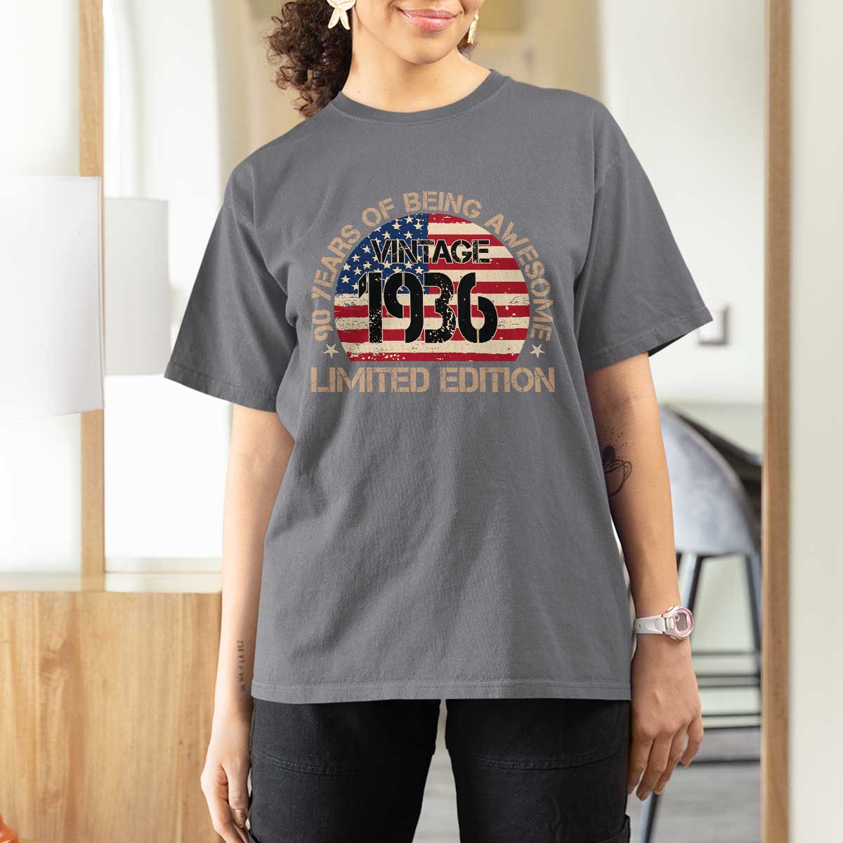 90th Birthday T Shirt For Women Vintage 1936 90 Year Old Birthday USA Flag