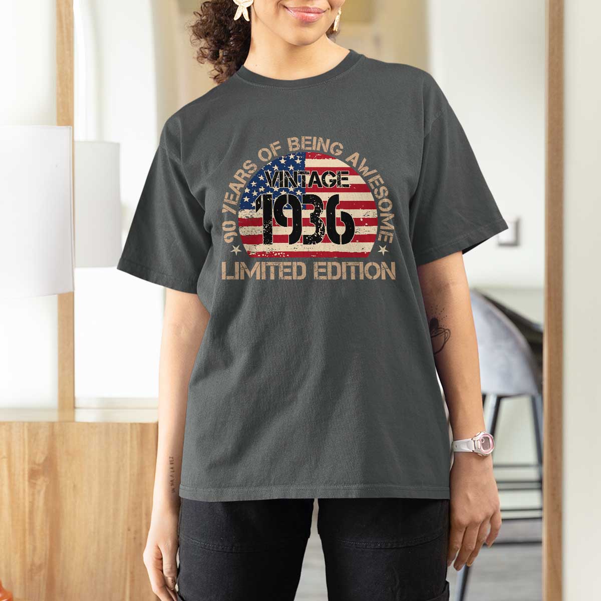 90th Birthday T Shirt For Women Vintage 1936 90 Year Old Birthday USA Flag