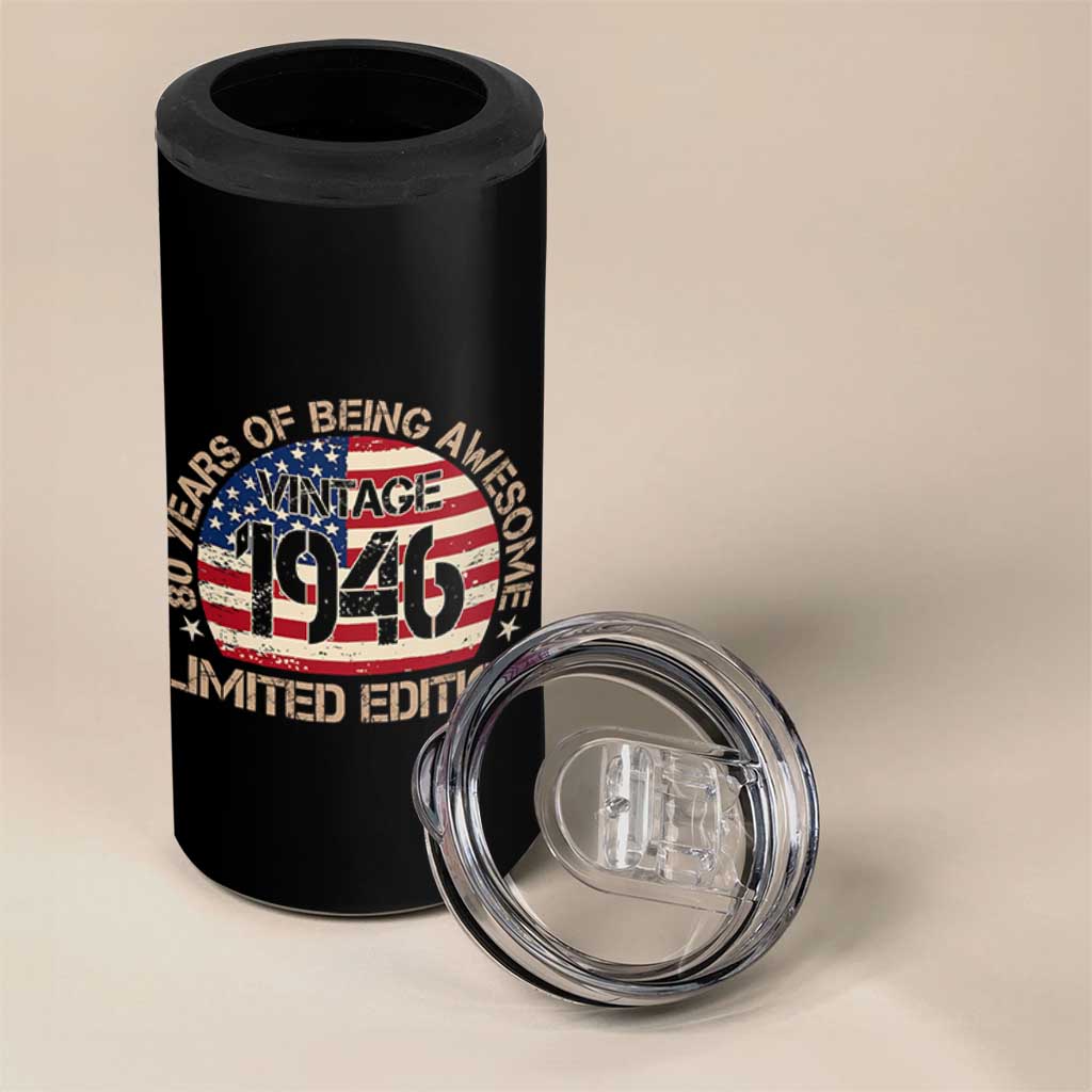 80th Birthday 4 in 1 Can Cooler Tumbler Vintage 1946 80 Year Old Birthday USA Flag