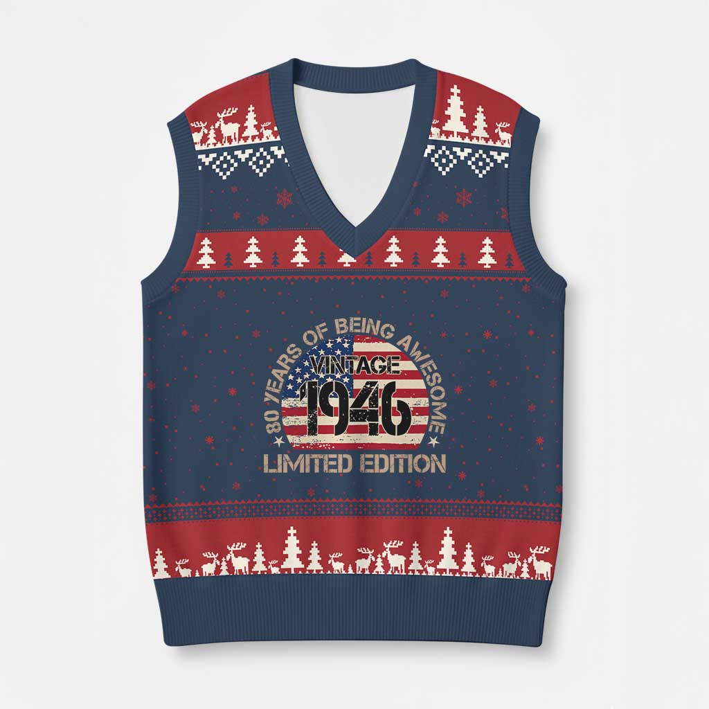 80th Birthday V-Neck Knit Sweater Vest Vintage 1946 80 Year Old Birthday USA Flag