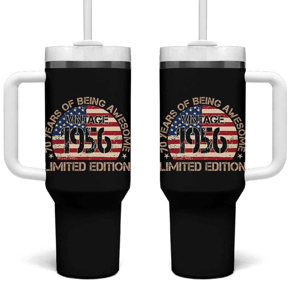 70th Birthday Tumbler With Handle Vintage 1956 70 Year Old Birthday USA Flag