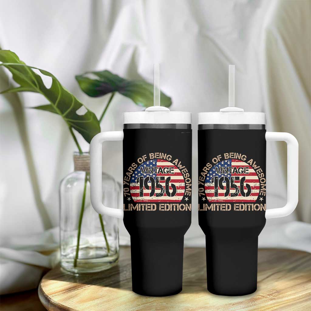 70th Birthday Tumbler With Handle Vintage 1956 70 Year Old Birthday USA Flag