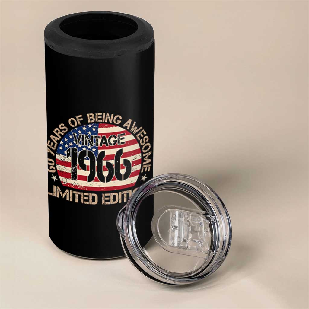 60th Birthday 4 in 1 Can Cooler Tumbler Vintage 1966 60 Year Old Birthday USA Flag