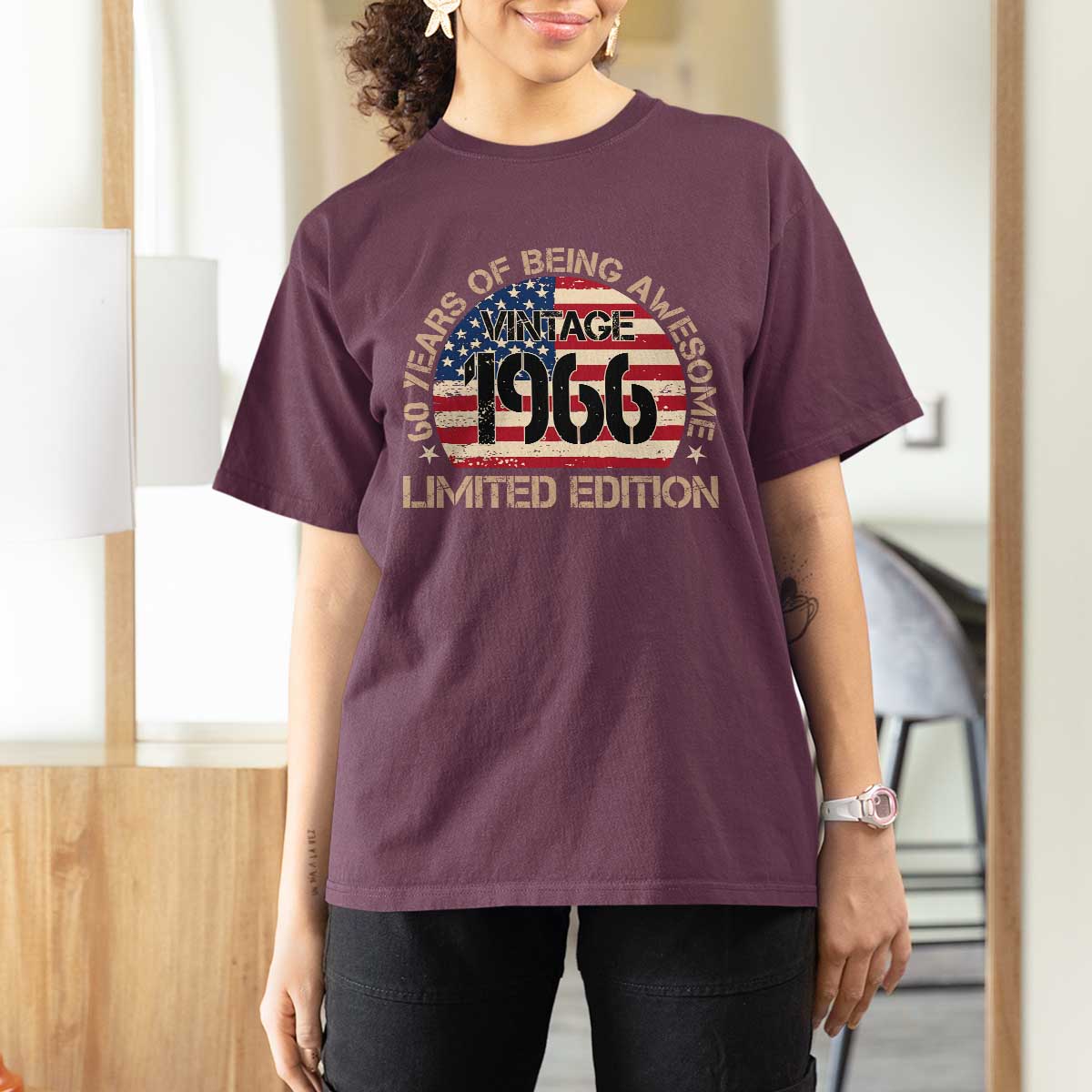 60th Birthday T Shirt For Women Vintage 1966 60 Year Old Birthday USA Flag