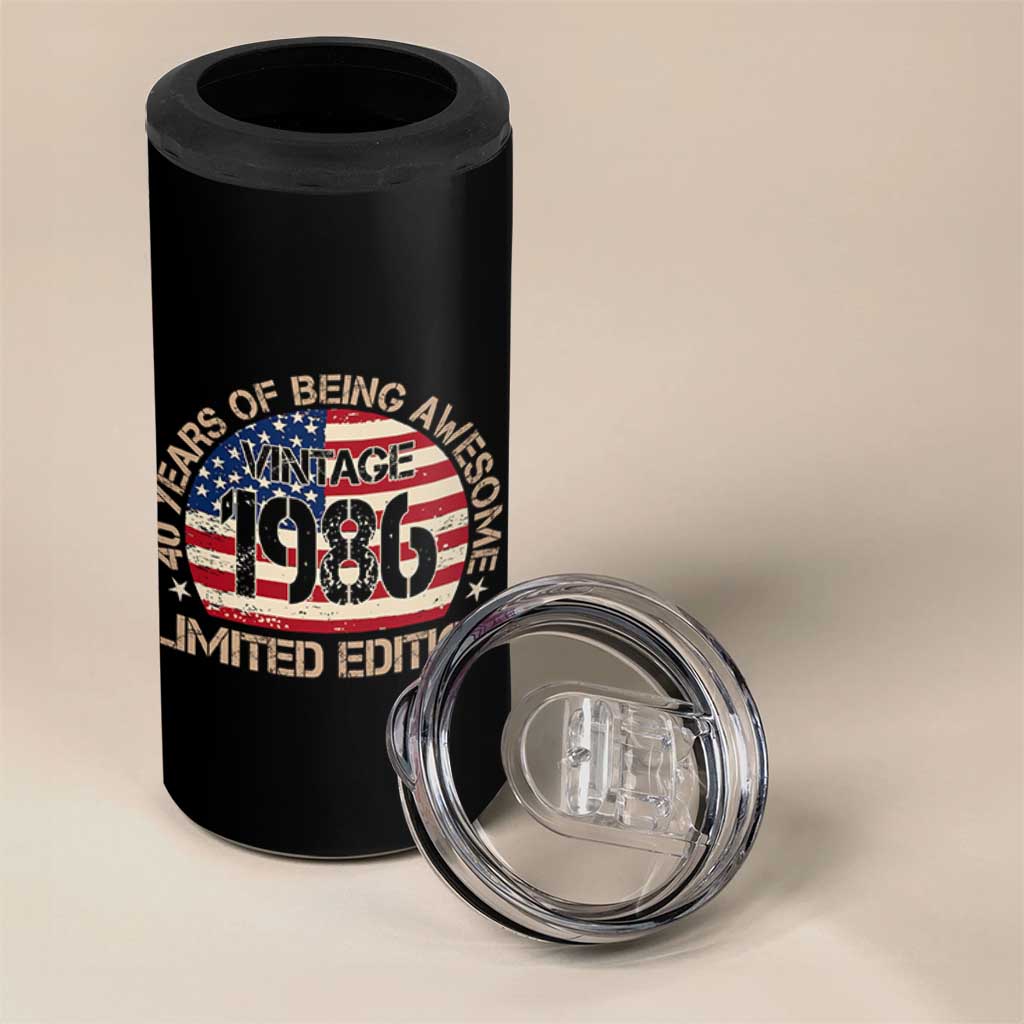 40th Birthday 4 in 1 Can Cooler Tumbler Vintage 1986 40 Year Old Birthday USA Flag