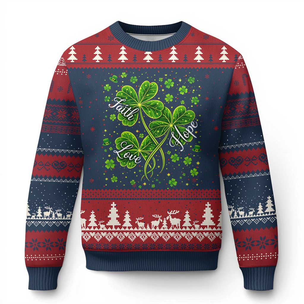 Four Leaf Clover Christian Ugly Christmas Sweater Irish Lucky Shamrock Faith Hope Love Religious