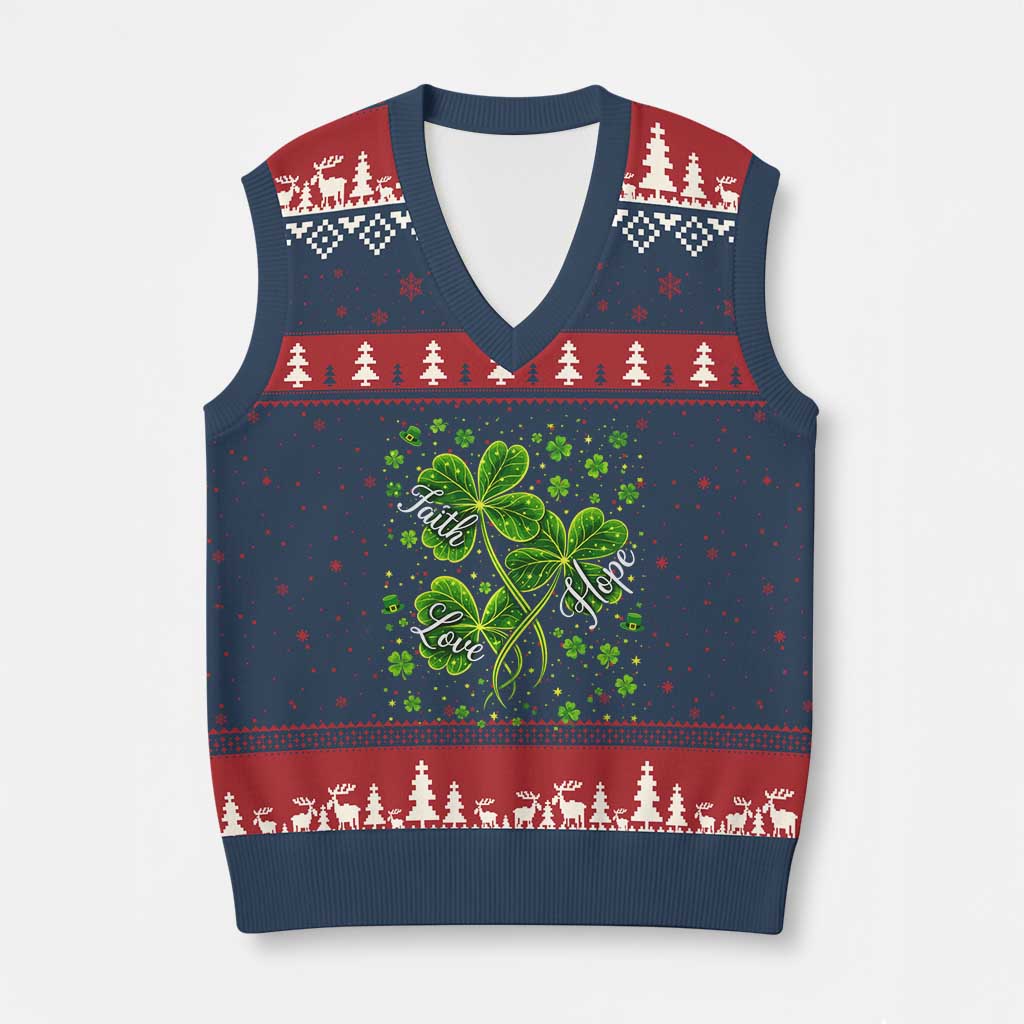 Four Leaf Clover Christian V-Neck Knit Sweater Vest Irish Lucky Shamrock Faith Hope Love Religious