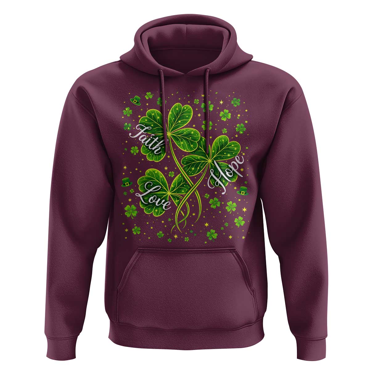 Four Leaf Clover Christian Hoodie Irish Lucky Shamrock Faith Hope Love Religious