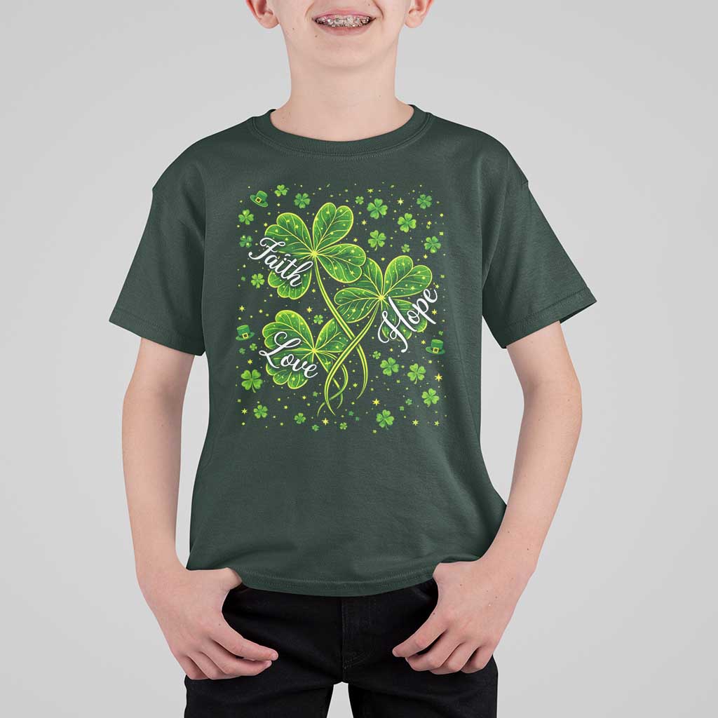 Four Leaf Clover Christian T Shirt For Kid Irish Lucky Shamrock Faith Hope Love Religious
