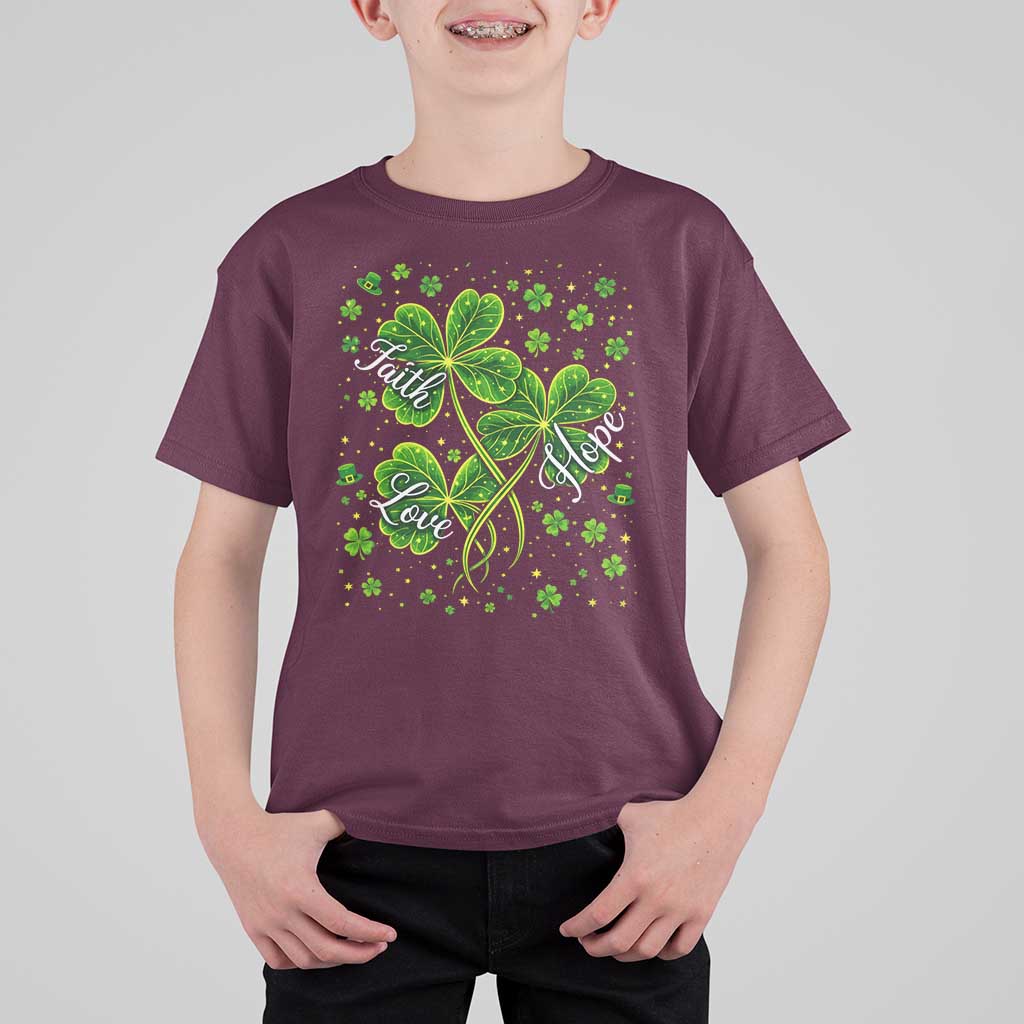 Four Leaf Clover Christian T Shirt For Kid Irish Lucky Shamrock Faith Hope Love Religious
