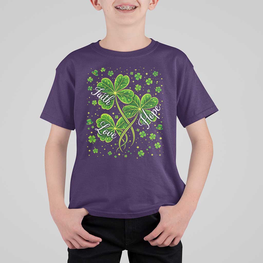 Four Leaf Clover Christian T Shirt For Kid Irish Lucky Shamrock Faith Hope Love Religious