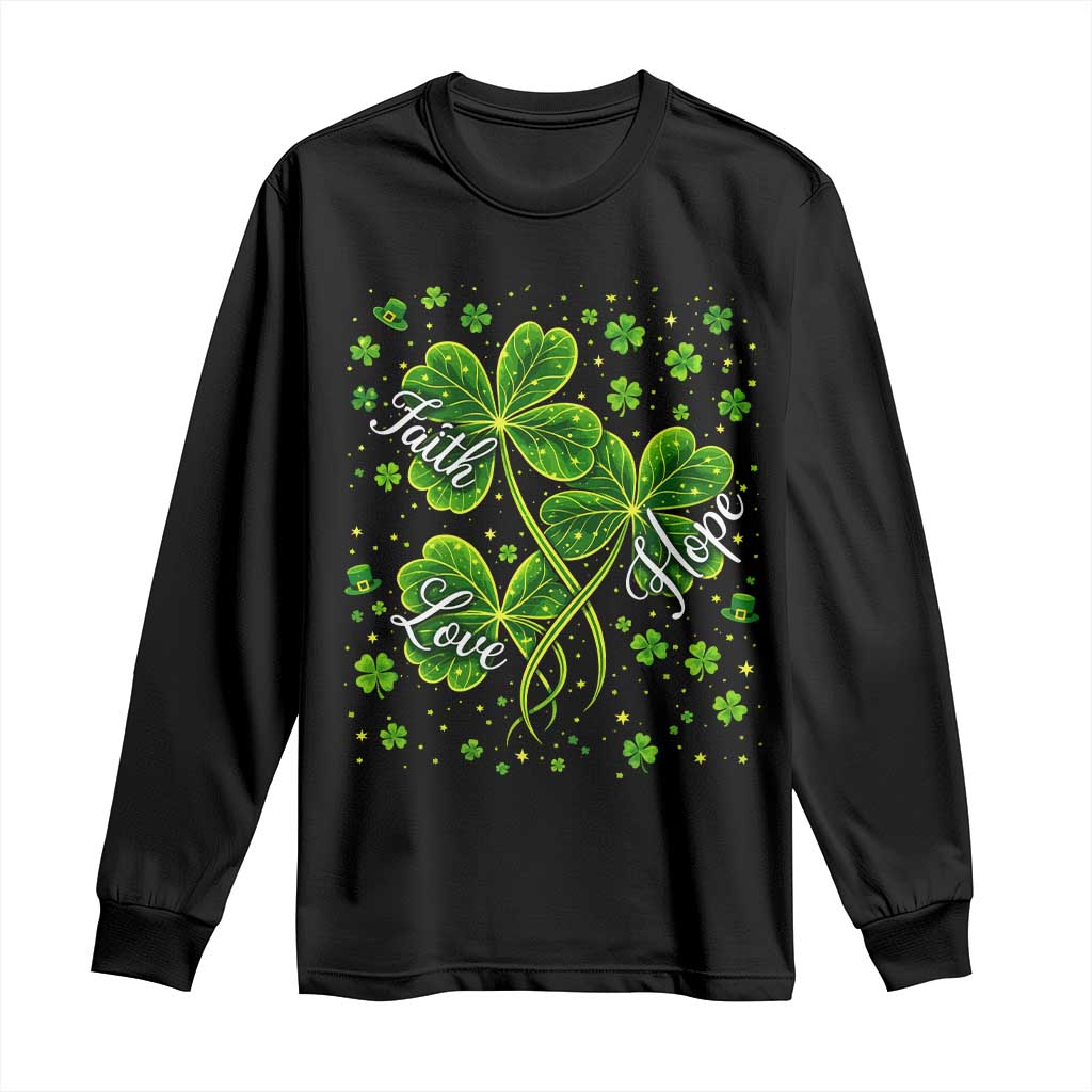 Four Leaf Clover Christian Long Sleeve Shirt Irish Lucky Shamrock Faith Hope Love Religious