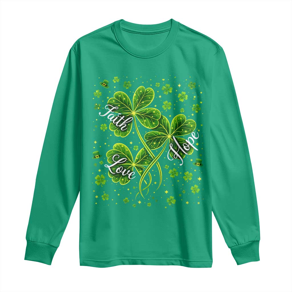 Four Leaf Clover Christian Long Sleeve Shirt Irish Lucky Shamrock Faith Hope Love Religious
