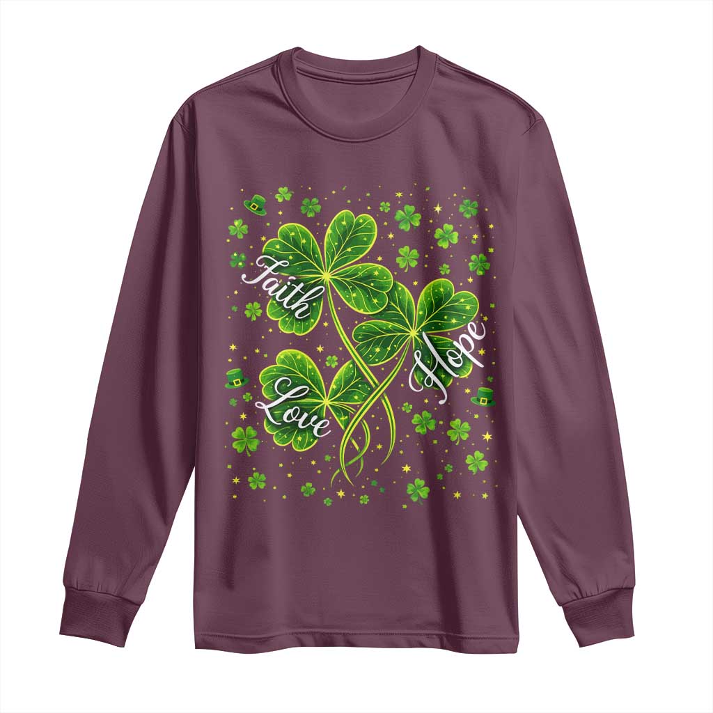 Four Leaf Clover Christian Long Sleeve Shirt Irish Lucky Shamrock Faith Hope Love Religious