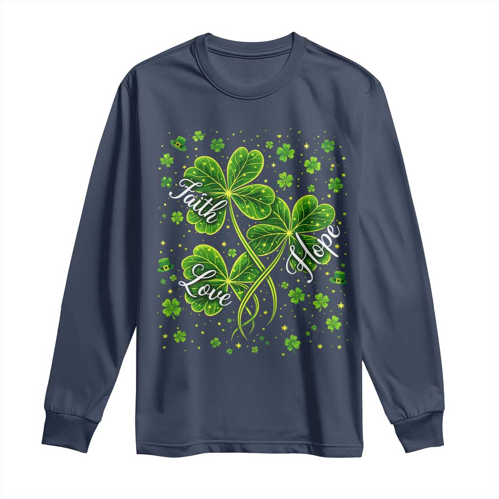 Four Leaf Clover Christian Long Sleeve Shirt Irish Lucky Shamrock Faith Hope Love Religious