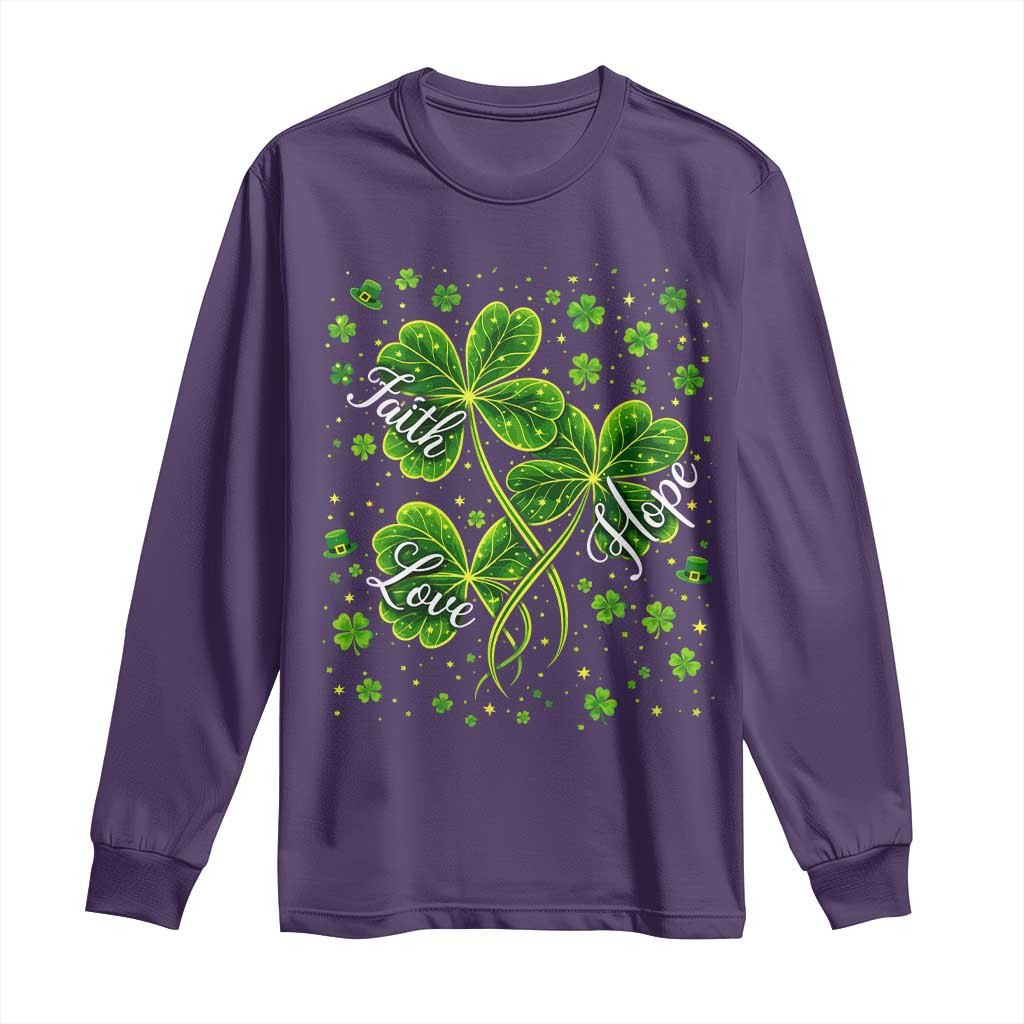 Four Leaf Clover Christian Long Sleeve Shirt Irish Lucky Shamrock Faith Hope Love Religious