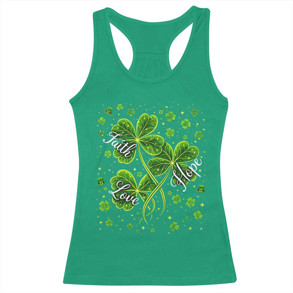 Four Leaf Clover Christian Racerback Tank Top Irish Lucky Shamrock Faith Hope Love Religious
