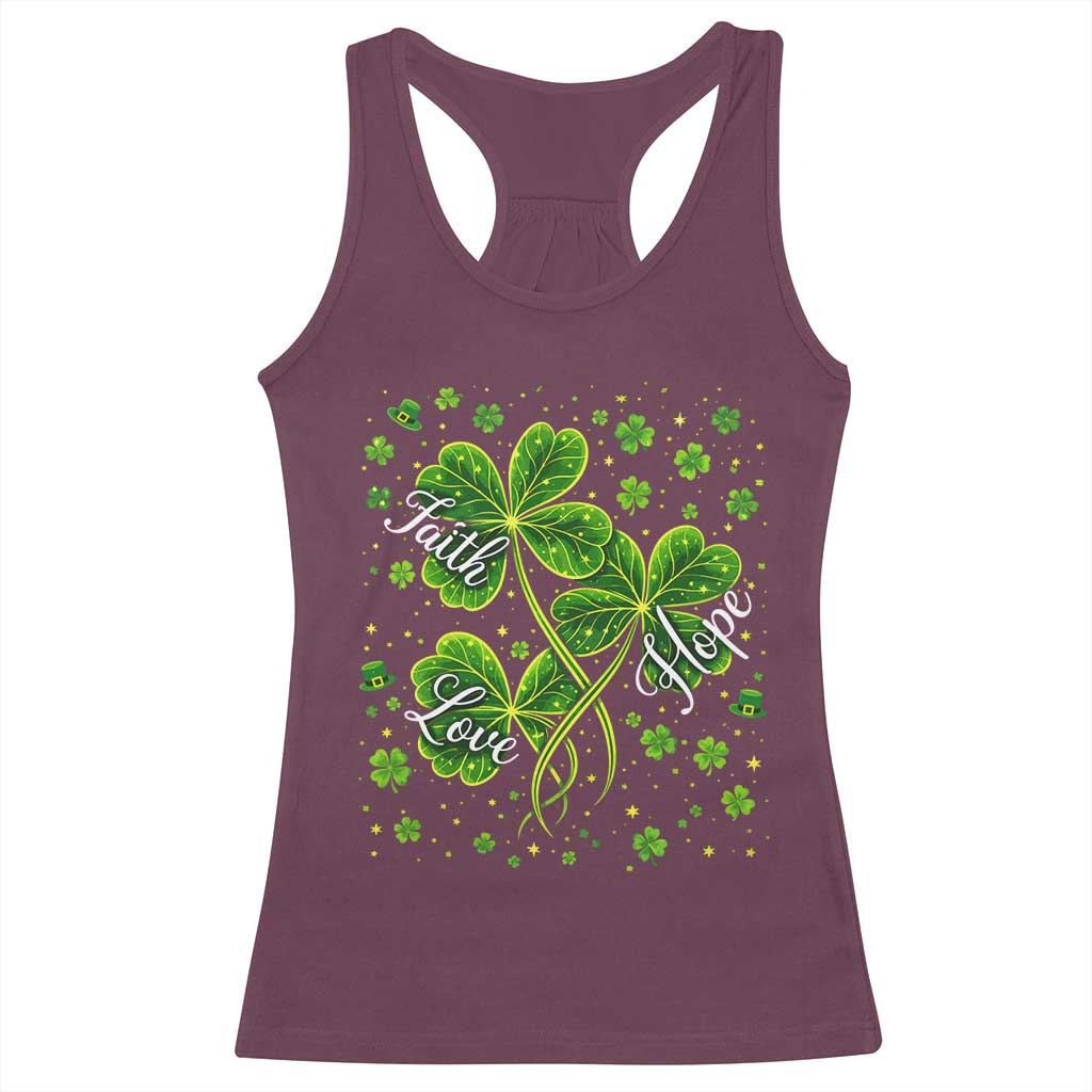 Four Leaf Clover Christian Racerback Tank Top Irish Lucky Shamrock Faith Hope Love Religious