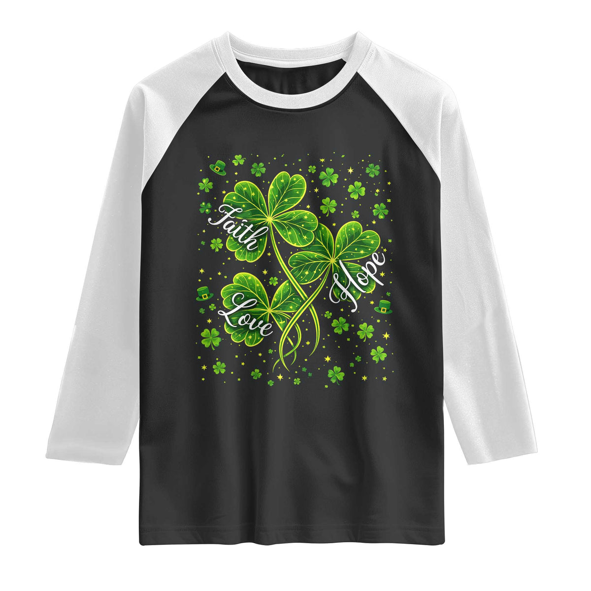 Four Leaf Clover Christian Raglan Shirt Irish Lucky Shamrock Faith Hope Love Religious