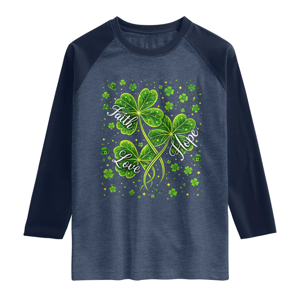 Four Leaf Clover Christian Raglan Shirt Irish Lucky Shamrock Faith Hope Love Religious