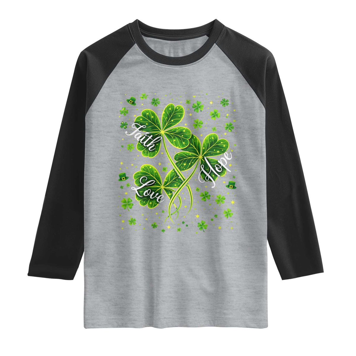 Four Leaf Clover Christian Raglan Shirt Irish Lucky Shamrock Faith Hope Love Religious