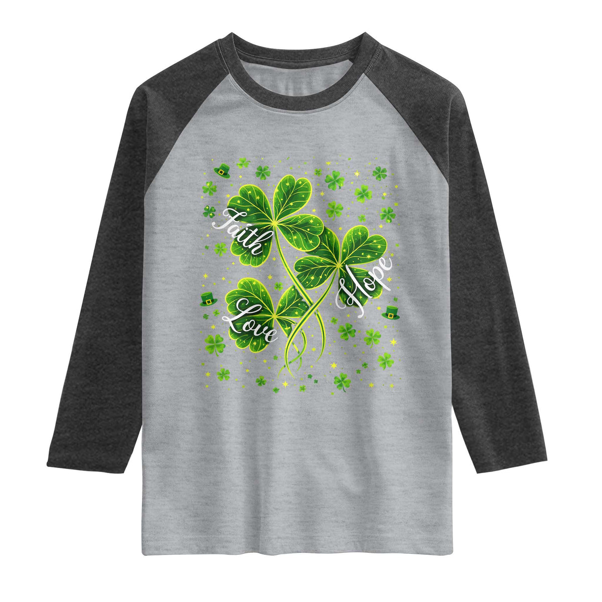 Four Leaf Clover Christian Raglan Shirt Irish Lucky Shamrock Faith Hope Love Religious