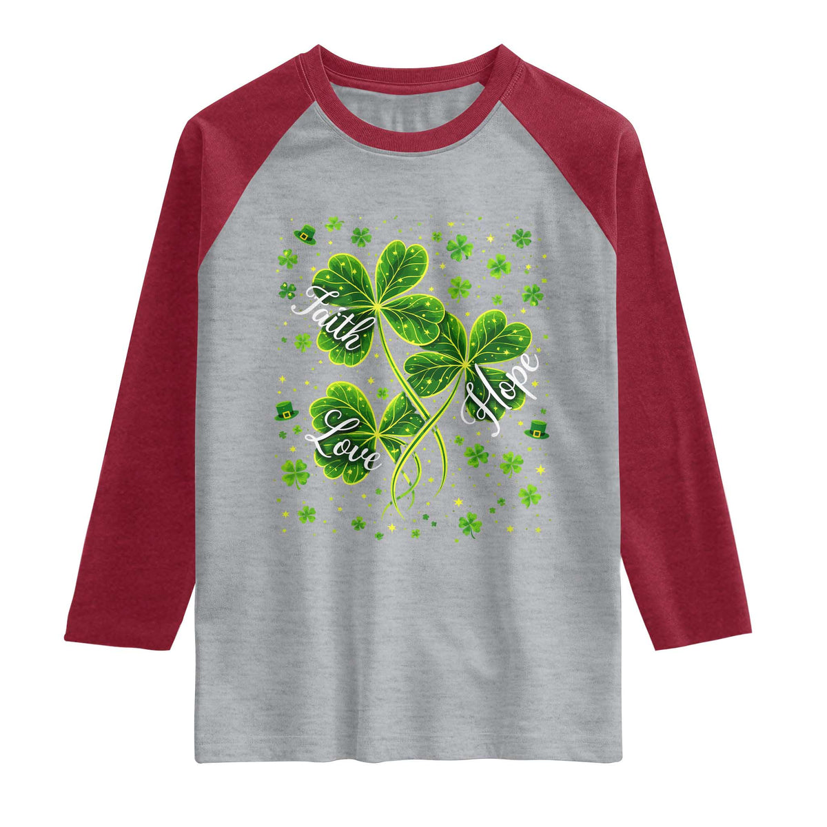 Four Leaf Clover Christian Raglan Shirt Irish Lucky Shamrock Faith Hope Love Religious