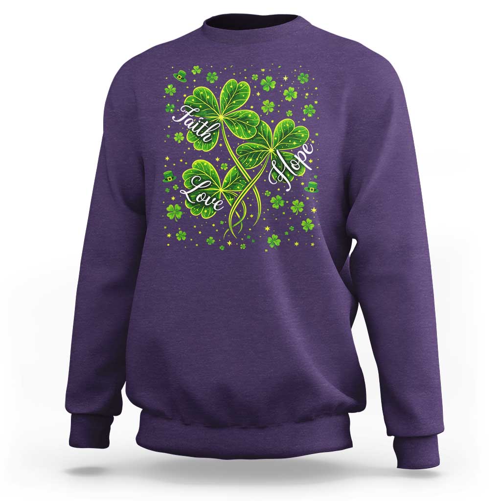 Four Leaf Clover Christian Sweatshirt Irish Lucky Shamrock Faith Hope Love Religious