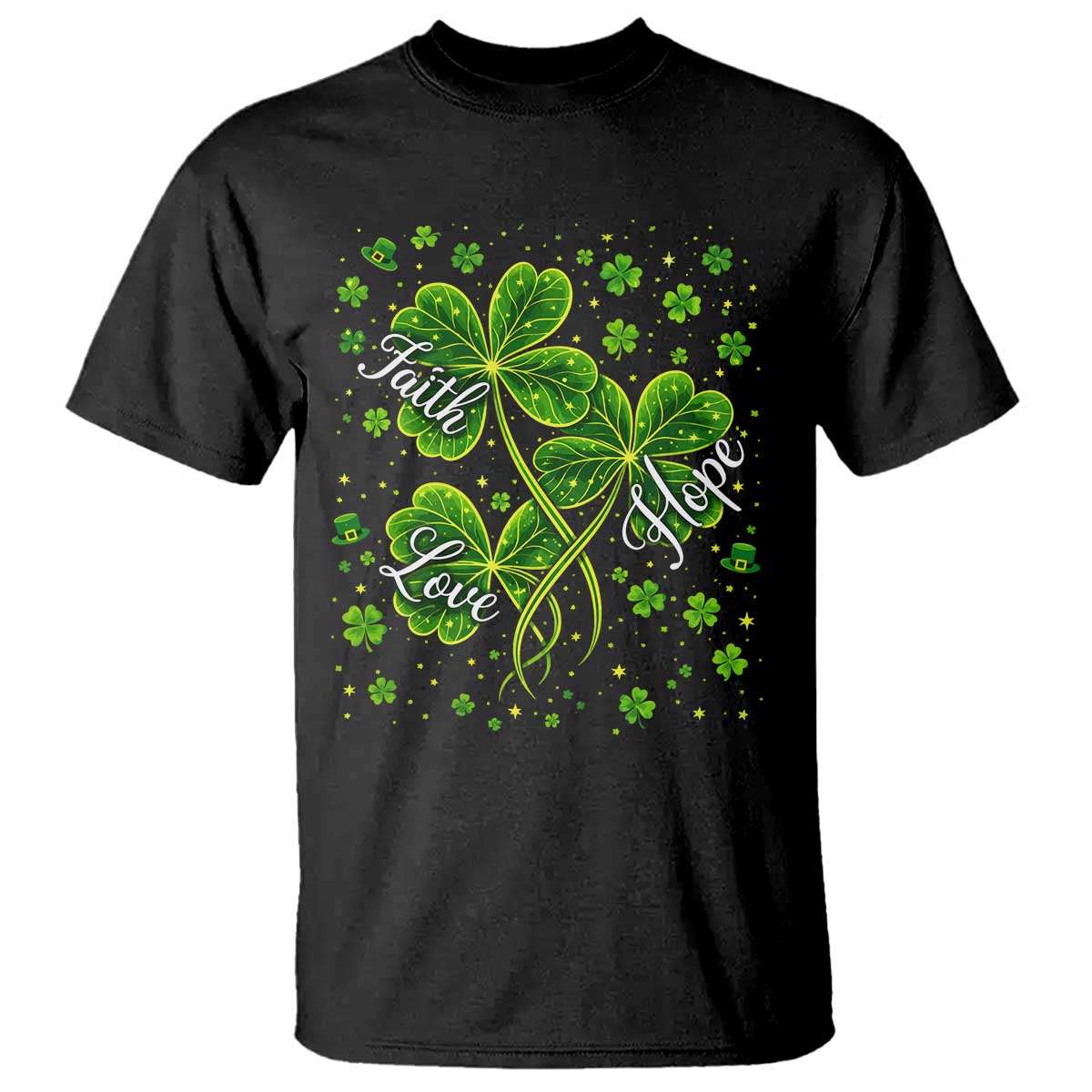 Four Leaf Clover Christian T Shirt Irish Lucky Shamrock Faith Hope Love Religious
