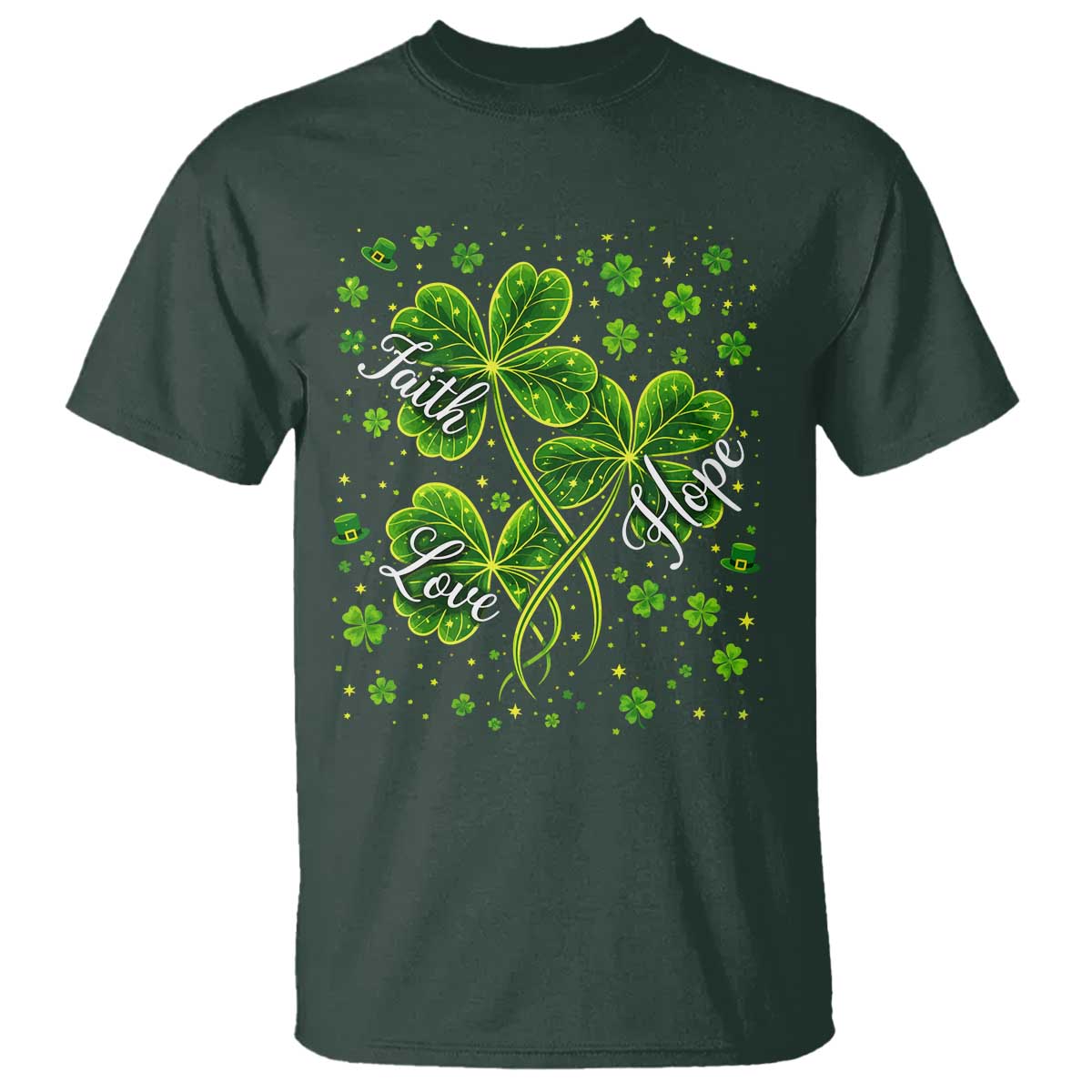 Four Leaf Clover Christian T Shirt Irish Lucky Shamrock Faith Hope Love Religious