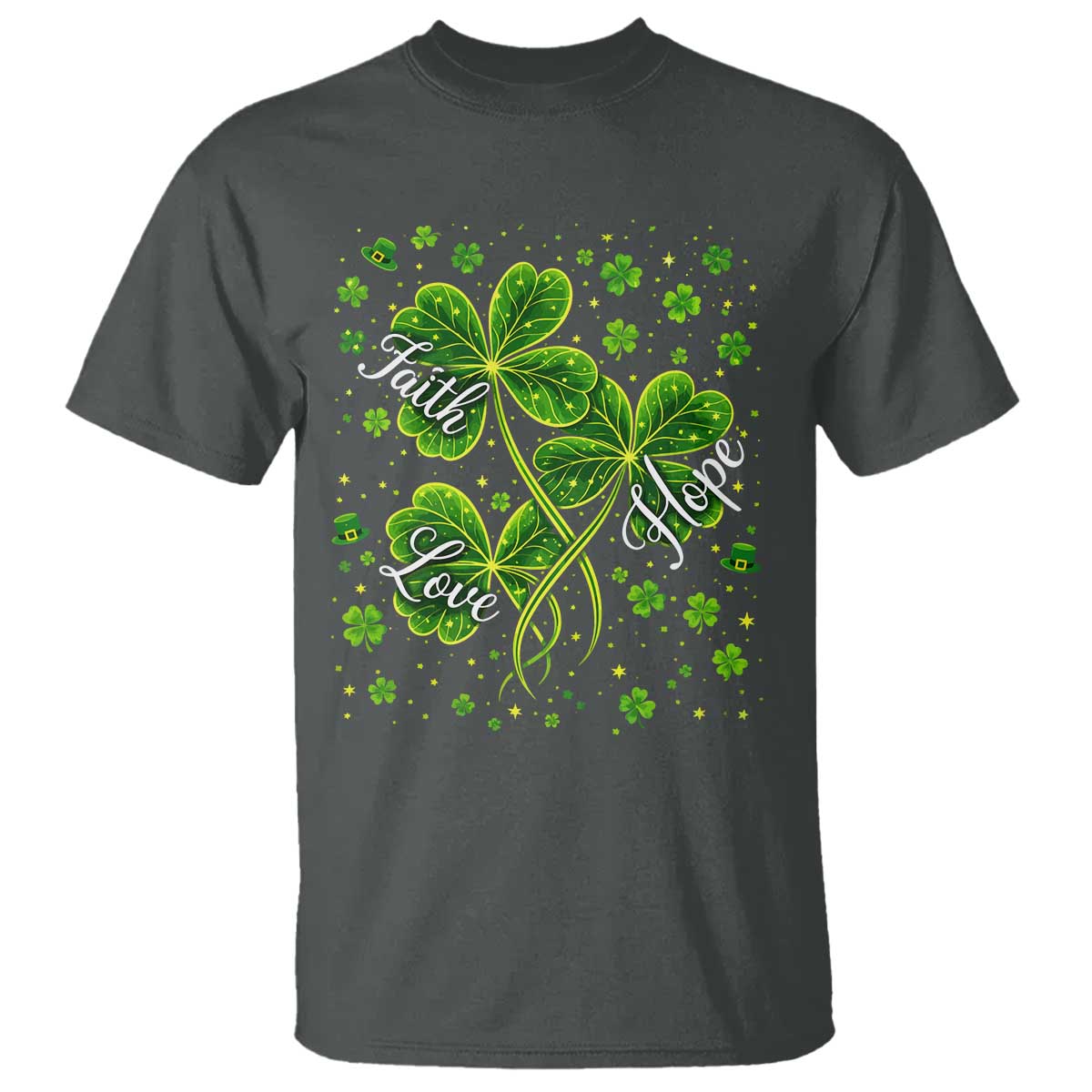 Four Leaf Clover Christian T Shirt Irish Lucky Shamrock Faith Hope Love Religious