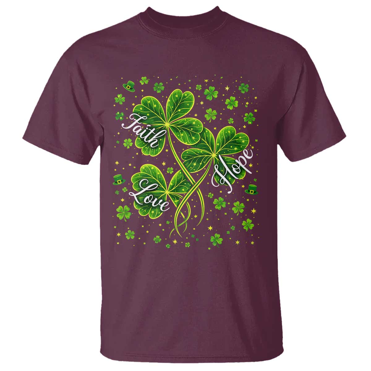 Four Leaf Clover Christian T Shirt Irish Lucky Shamrock Faith Hope Love Religious