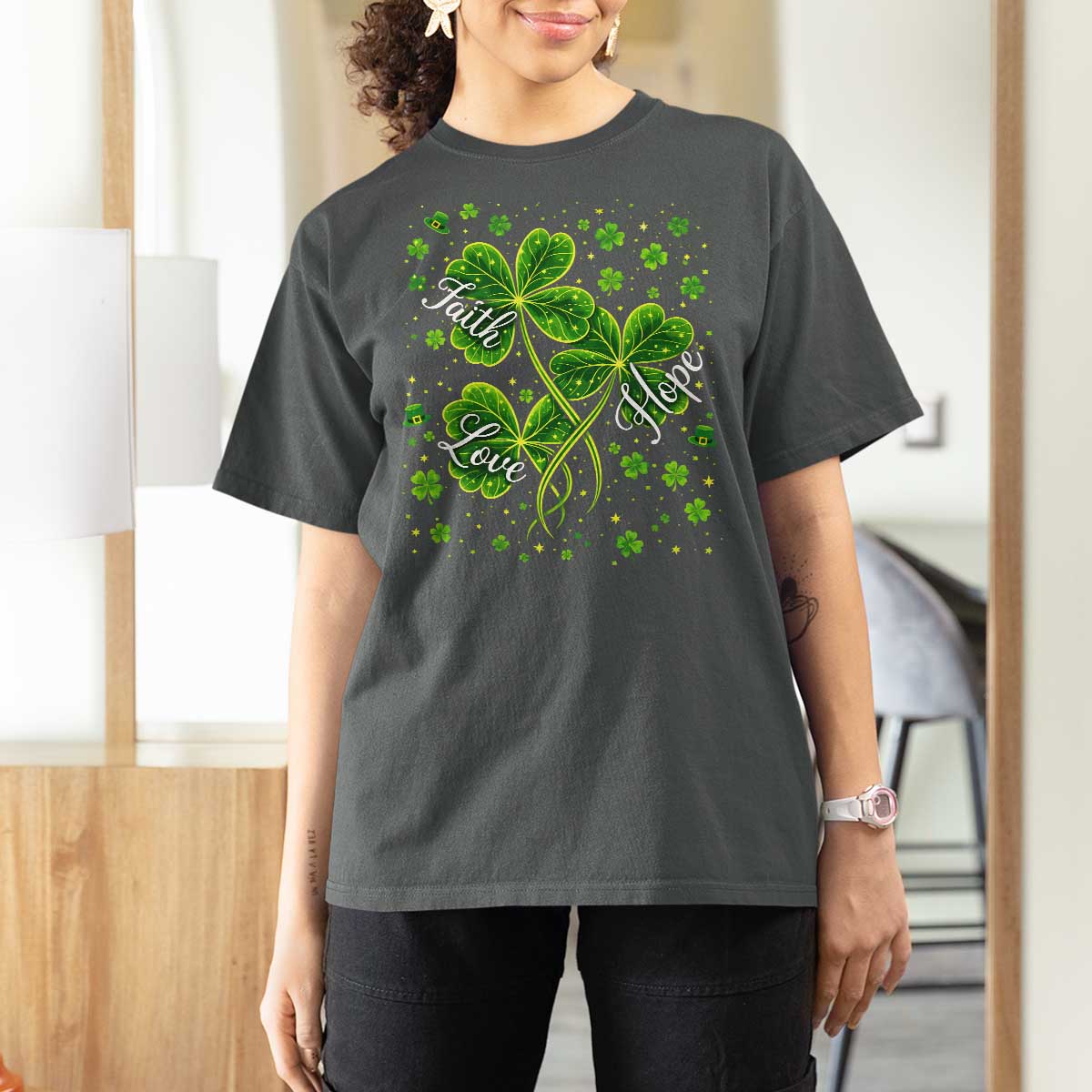 Four Leaf Clover Christian T Shirt For Women Irish Lucky Shamrock Faith Hope Love Religious
