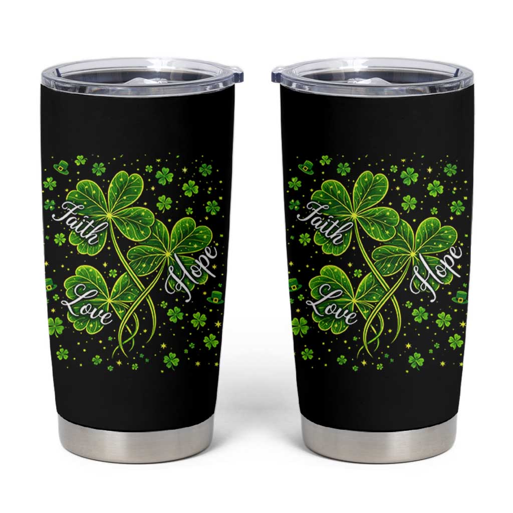 Four Leaf Clover Christian Tumbler Cup Irish Lucky Shamrock Faith Hope Love Religious