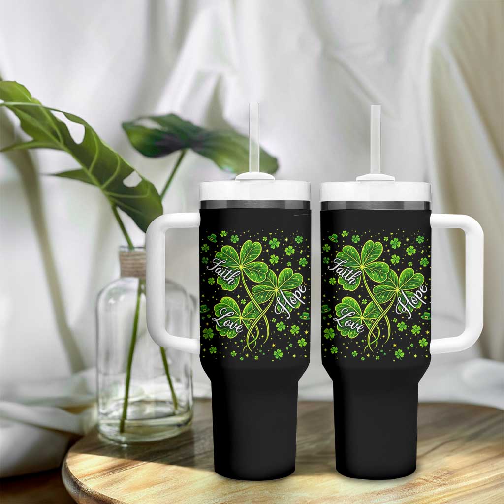 Four Leaf Clover Christian Tumbler With Handle Irish Lucky Shamrock Faith Hope Love Religious