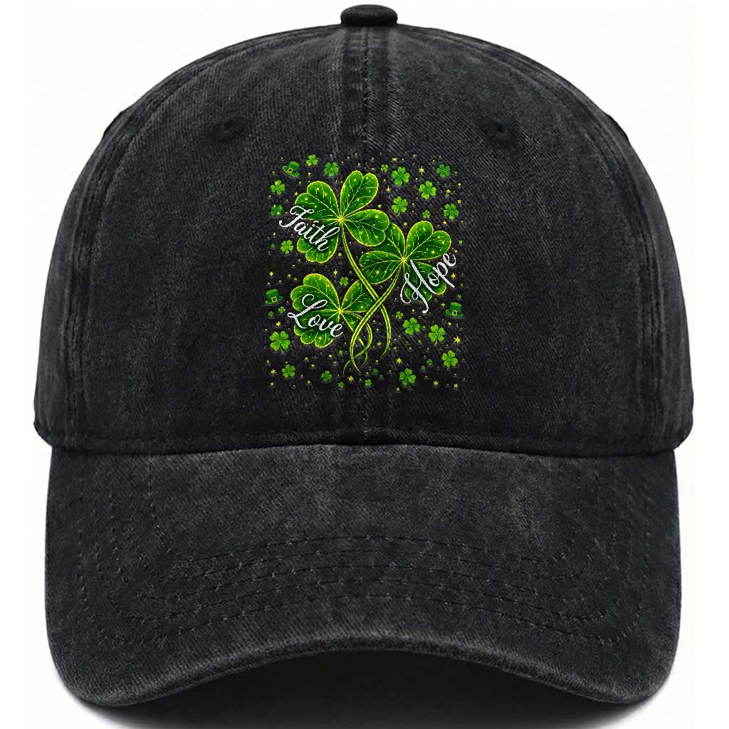 Four Leaf Clover Christian Washed Cotton Baseball Cap Irish Lucky Shamrock Faith Hope Love Religious