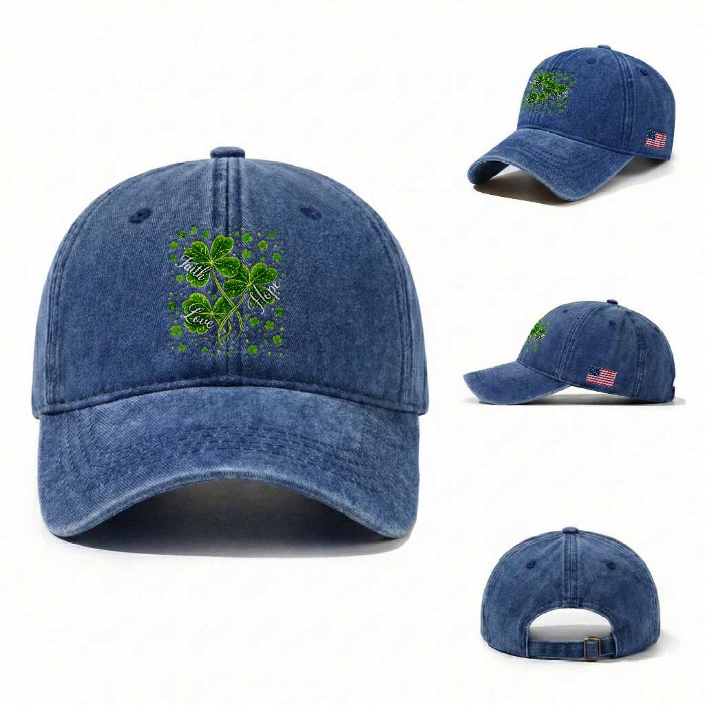 Four Leaf Clover Christian Washed Cotton Baseball Cap Irish Lucky Shamrock Faith Hope Love Religious