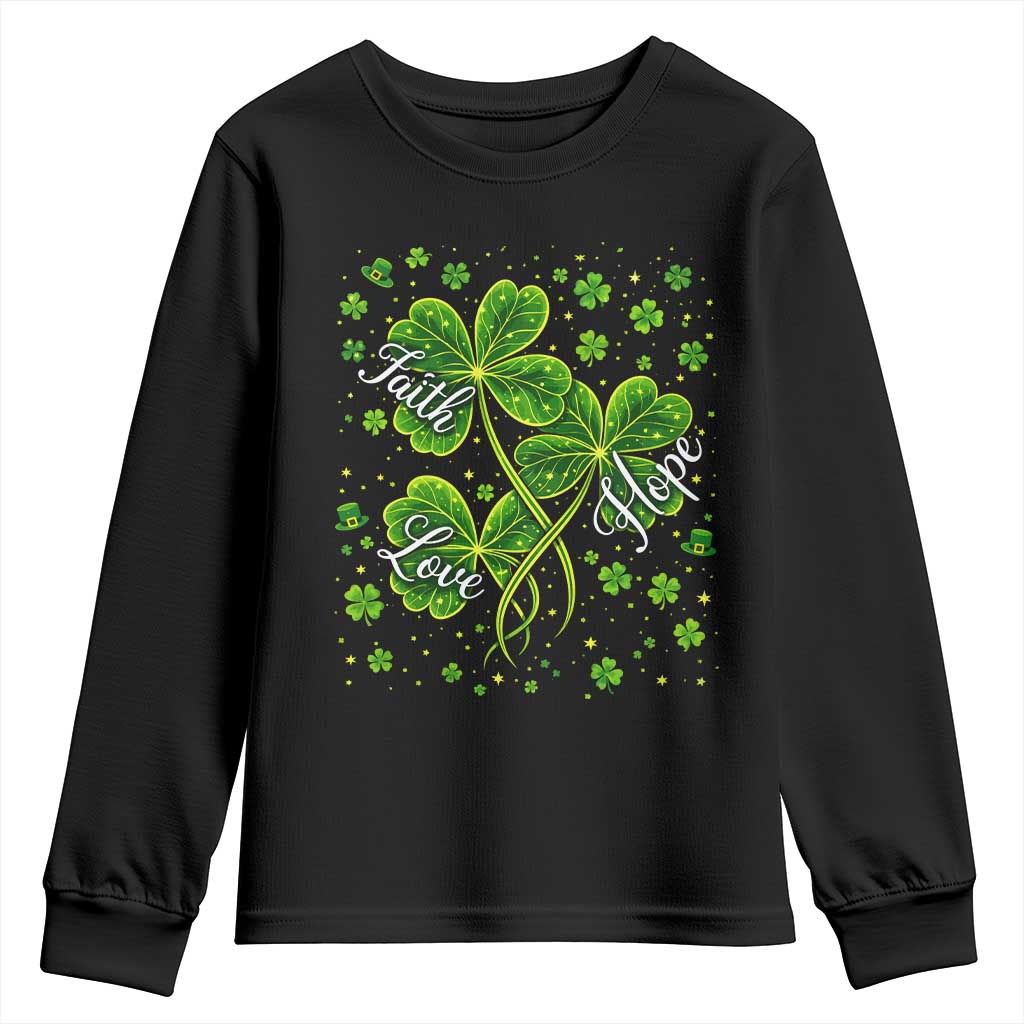 Four Leaf Clover Christian Youth Sweatshirt Irish Lucky Shamrock Faith Hope Love Religious