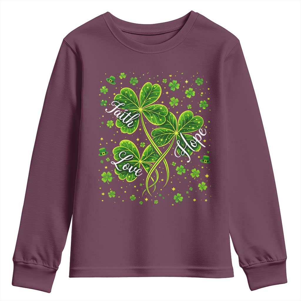 Four Leaf Clover Christian Youth Sweatshirt Irish Lucky Shamrock Faith Hope Love Religious