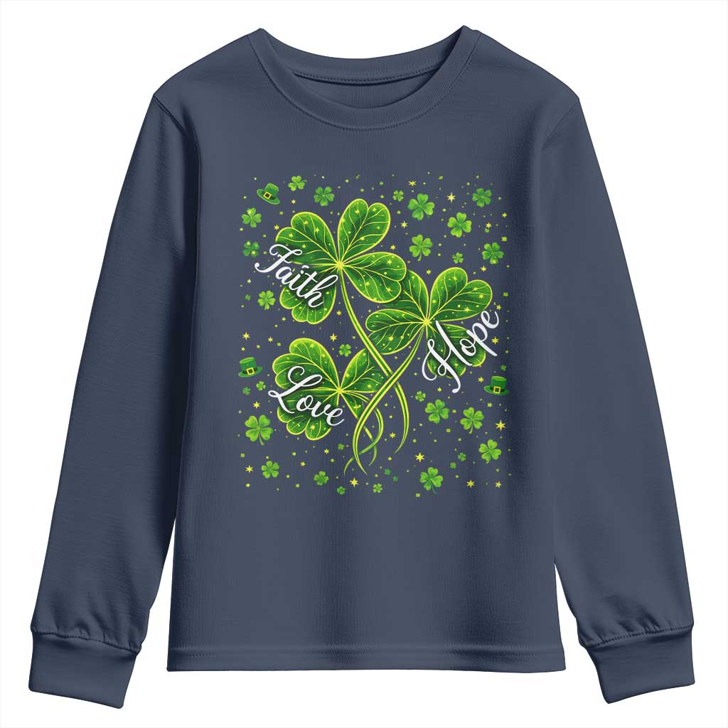 Four Leaf Clover Christian Youth Sweatshirt Irish Lucky Shamrock Faith Hope Love Religious