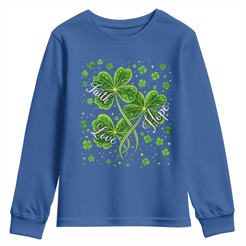 Four Leaf Clover Christian Youth Sweatshirt Irish Lucky Shamrock Faith Hope Love Religious