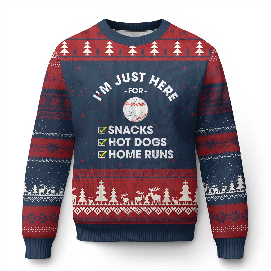 Funny Baseball Food Fans Ugly Christmas Sweater Im Just Here for The Snacks Hot Dog