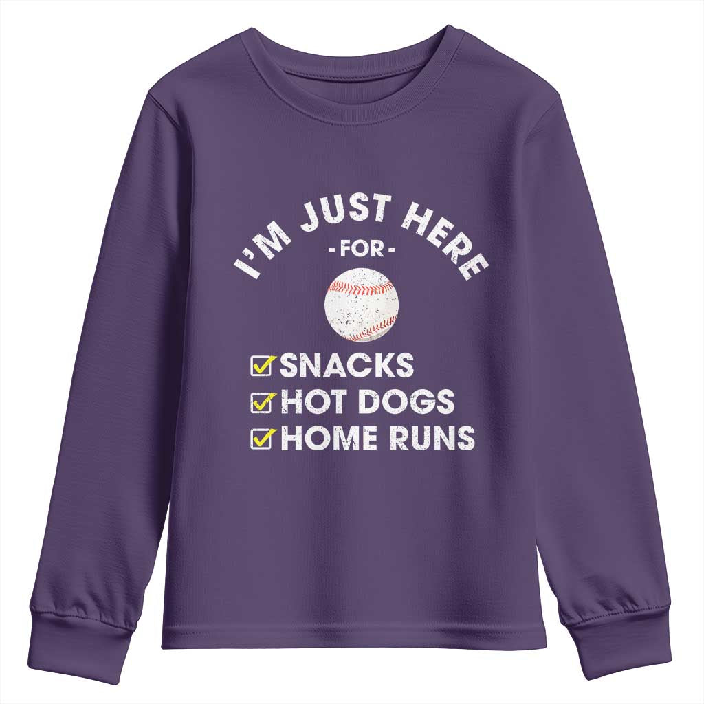 Funny Baseball Food Fans Youth Sweatshirt Im Just Here for The Snacks Hot Dog